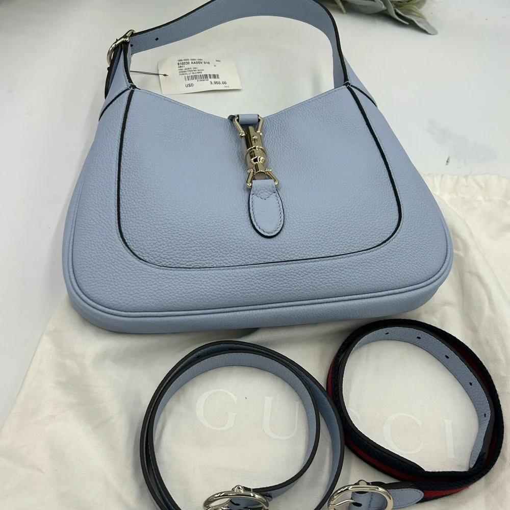 Women's Gucci, Jackie, 1961 hobo bag medium size light blue grain calf skin NWT - Picture 5 of 16